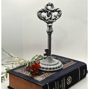 Vintage Cast Iron Standing Key Paperweight Painted Silver Beautiful Accent Decor